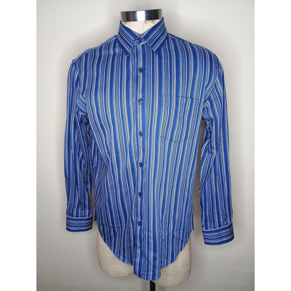 Tasso Elba Shirt Men's M 15-15.5 Long Sleeve Button Up Blue White Striped Cotton